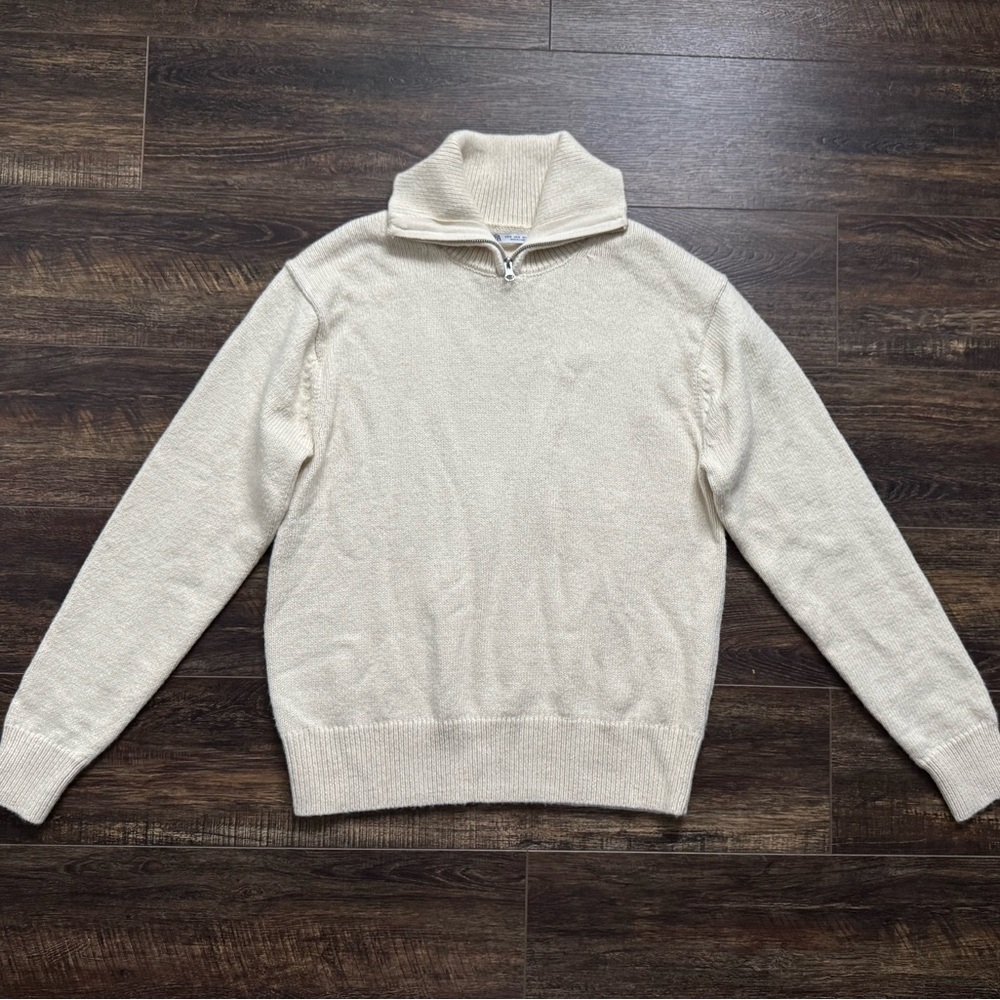 Zara Mens Medium Cream Pullover Sweater Knit Quarter Zip Warm Casual Preppy
